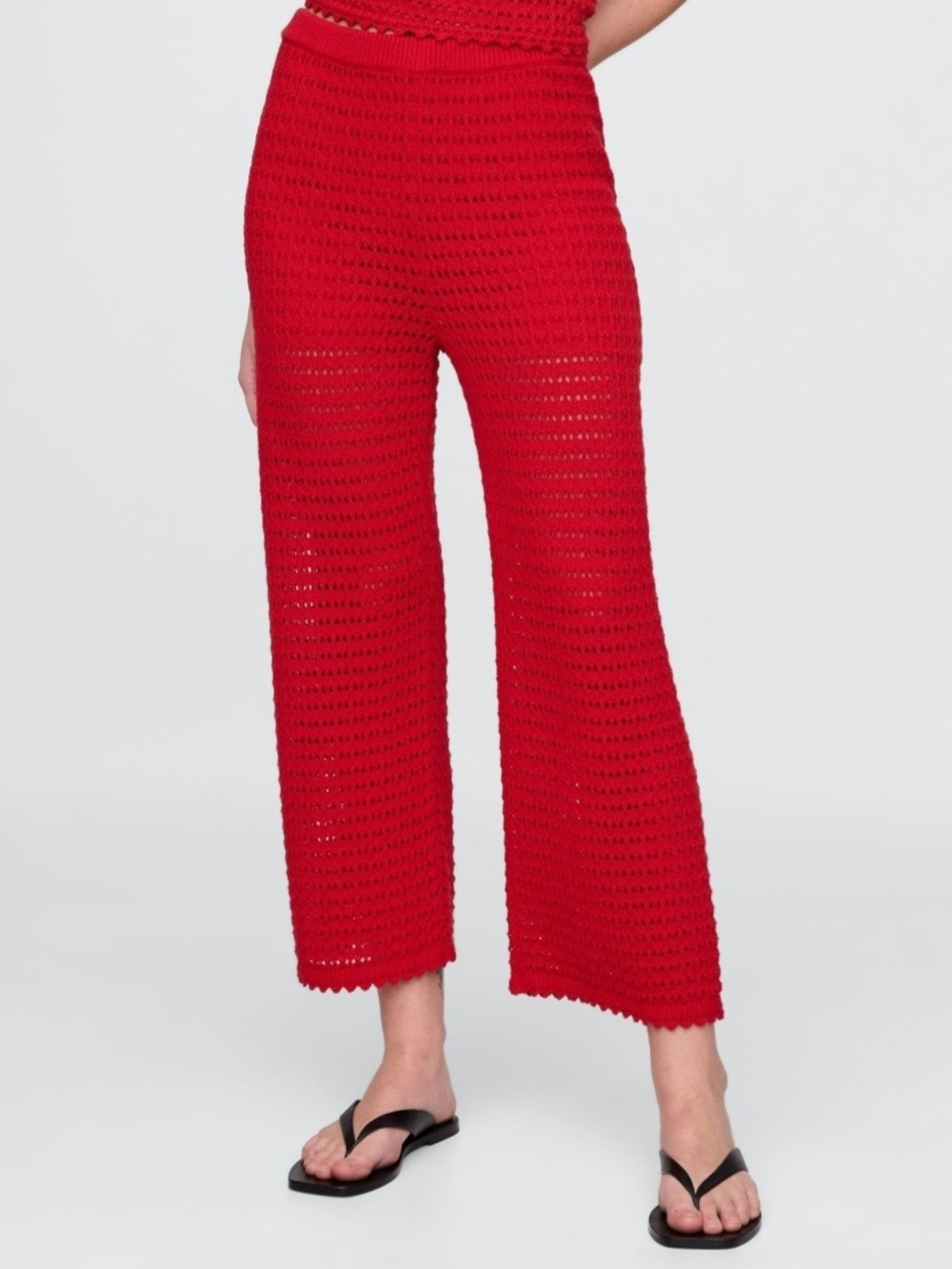 GAP 100% Cotton Thick Crochet Knit Pants Red Scalloped Wide Leg L Heavyweight